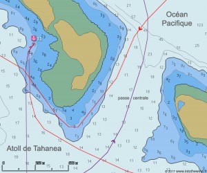 L’Envol à la voile dans la passe centrale de Tahanea (cartes CM93)