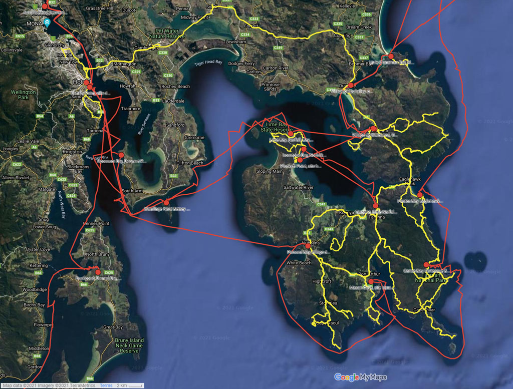 Taranna, Hobart et Murdunna - cliquer sur l’image pour ouvrir la Google Maps