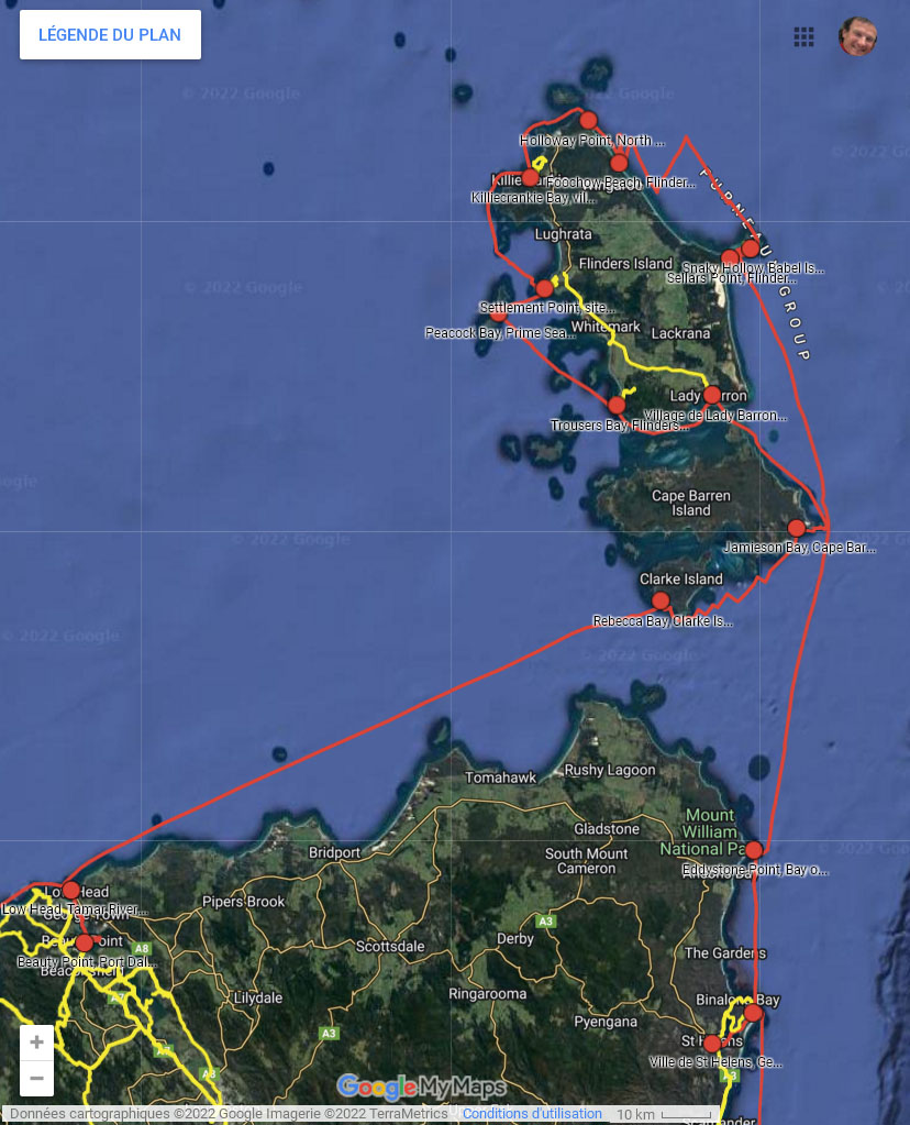 Les îles Furneaux dans Bass Strait - cliquer sur l’image pour ouvrir la Google Maps