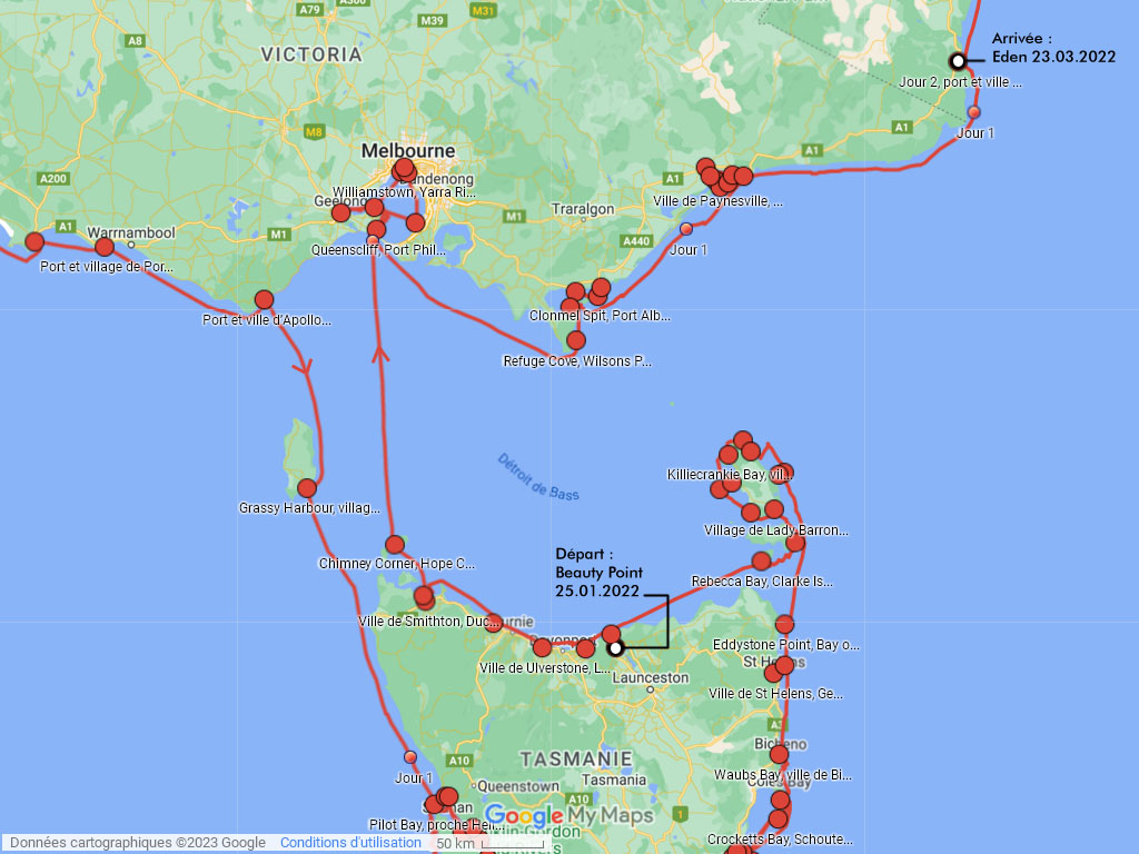 Bass Strait en 59 jours, 930 milles et 27 stops