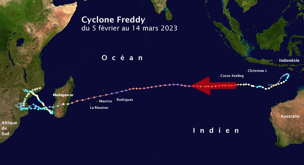 Trajet du cyclone Freddy dans l’océan Indien (source : Wikipédia)